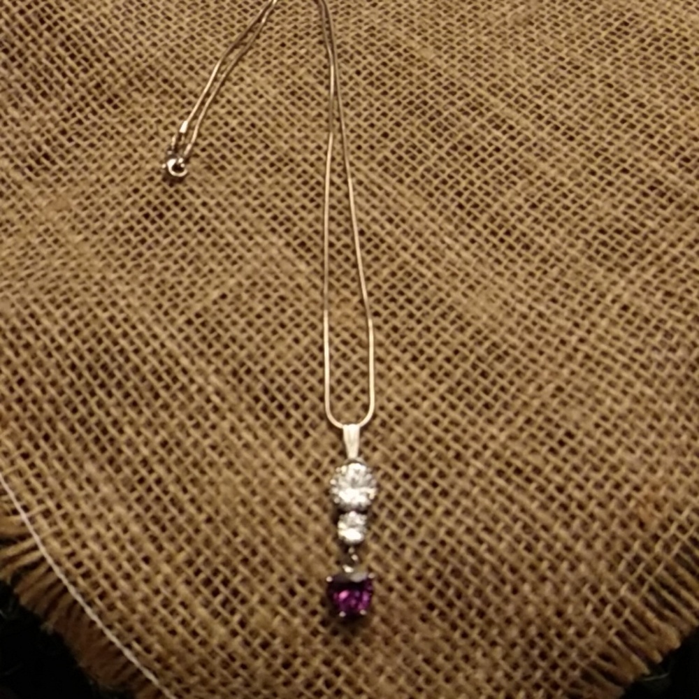 New 16" Silver Necklace w/ heart shaped Amethyst